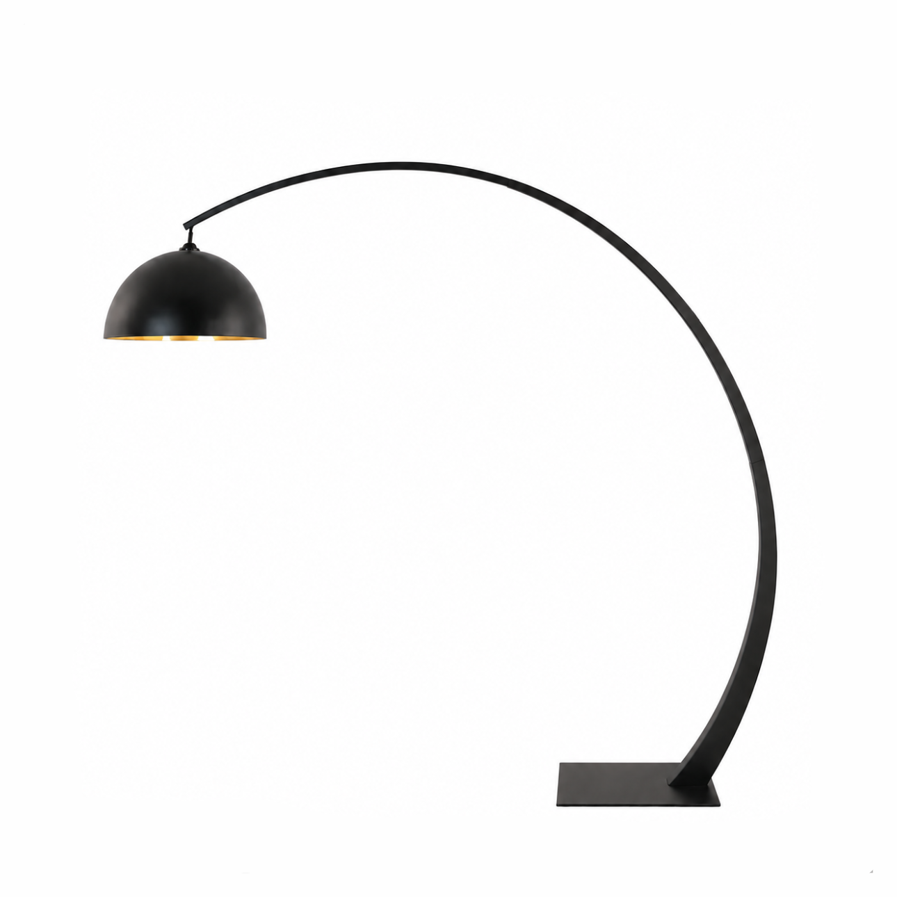 A modern black arched floor lamp with a dome-shaped shade and a square base, shown against a plain white background.